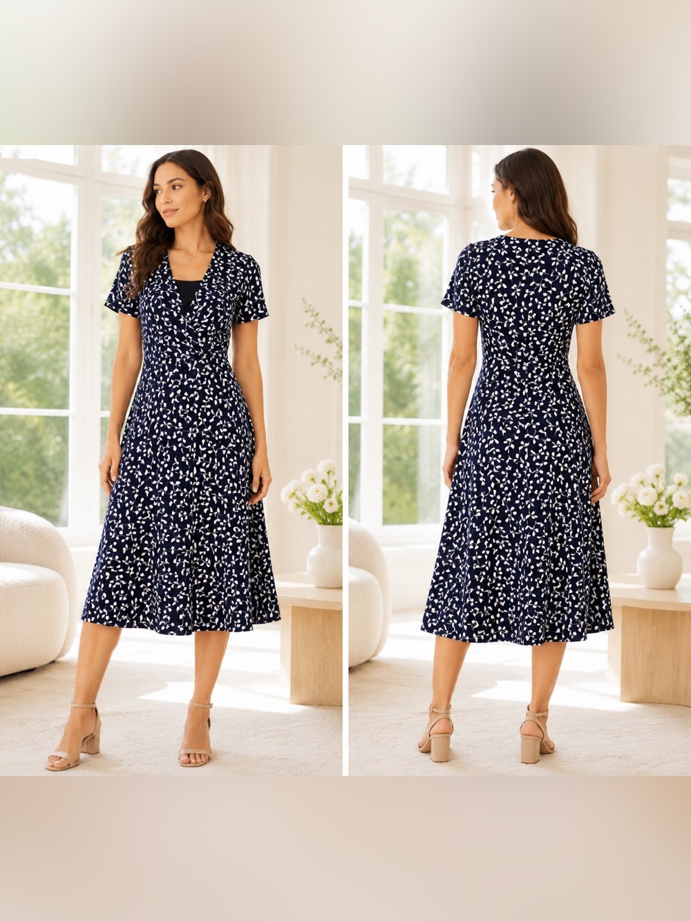 Roaman's Navy and White Floral Wrap-Style Midi Dress GUC